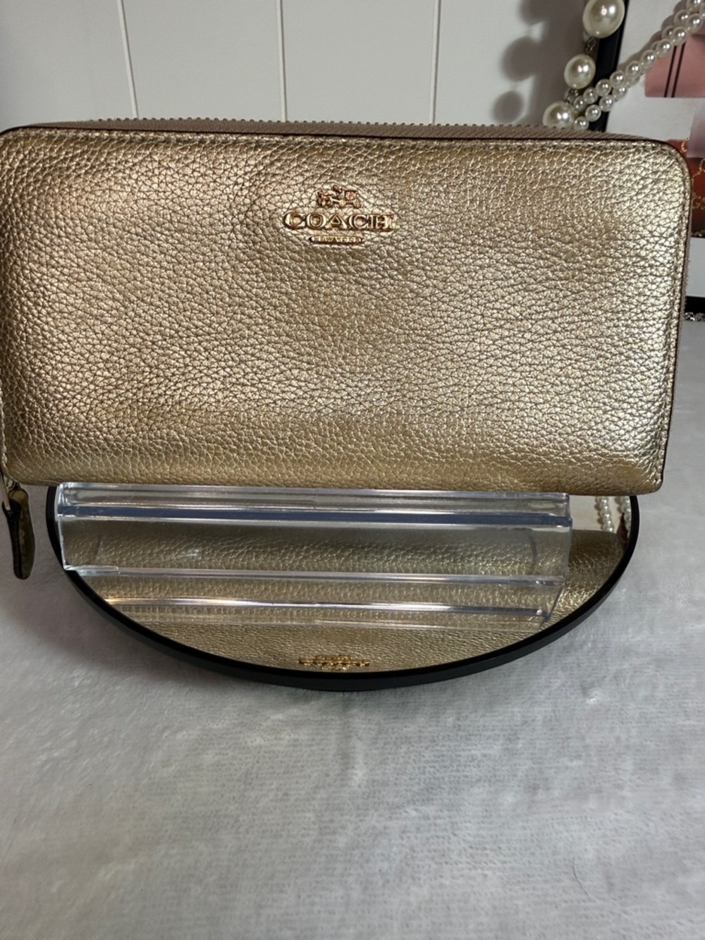 Coach Gold Metallic Pebbled Leather Zip Around Accordion Wallet Y2K